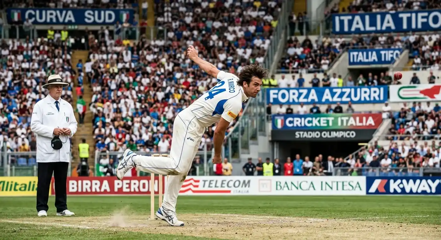 Lanciatore di cricket in azione durante una consegna veloce