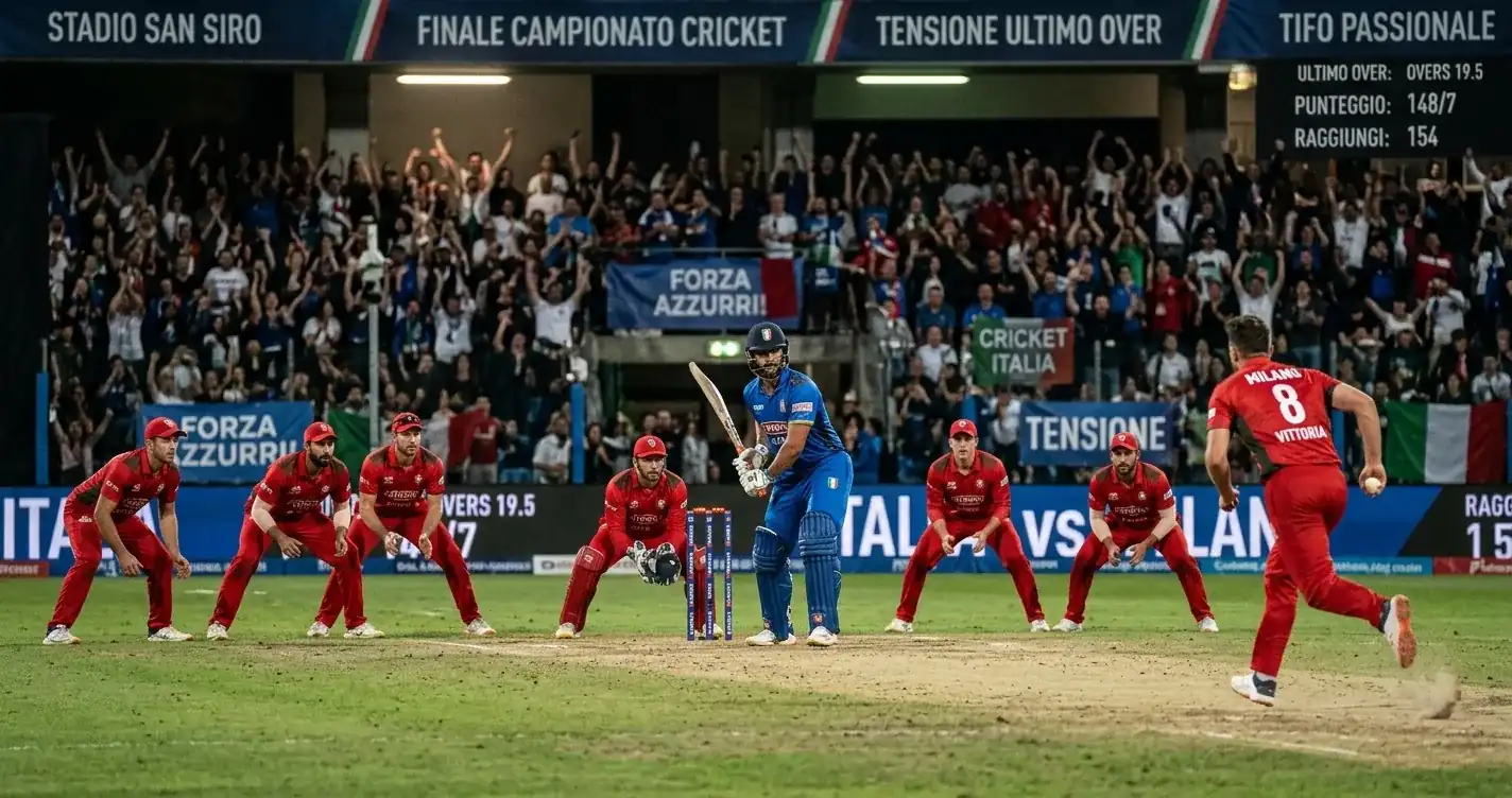 Momento finale di una partita di cricket molto combattuta con giocatori sul campo