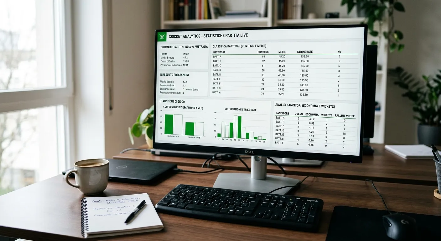 Schermata di analisi dati e statistiche per le scommesse sul cricket