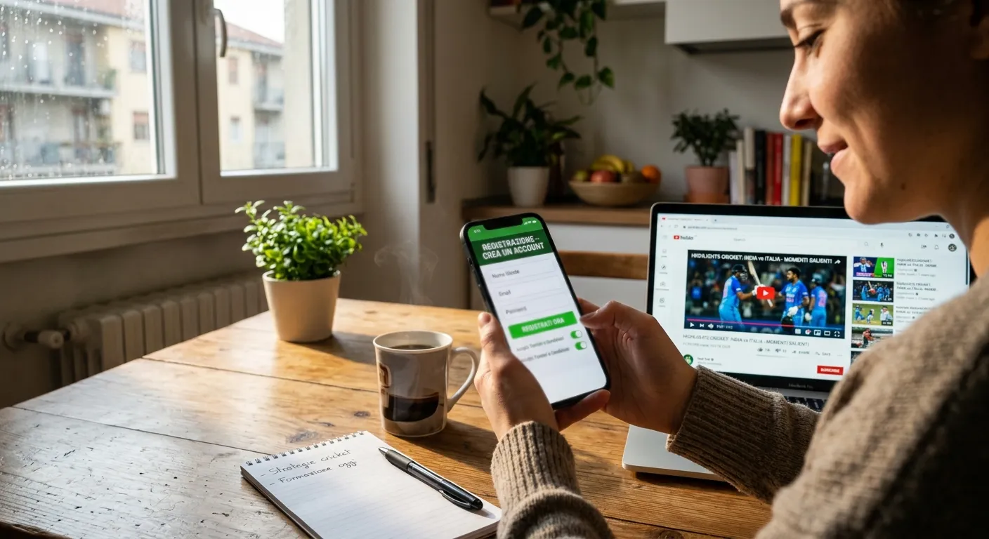 Tifoso di cricket che si registra su un bookmaker dallo smartphone
