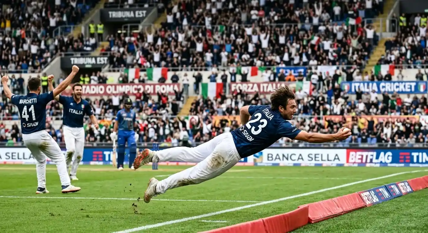 Presa spettacolare al volo durante una partita di cricket