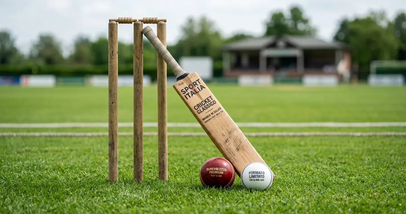 Tre formati di cricket rappresentati da palloni e attrezzature su un campo