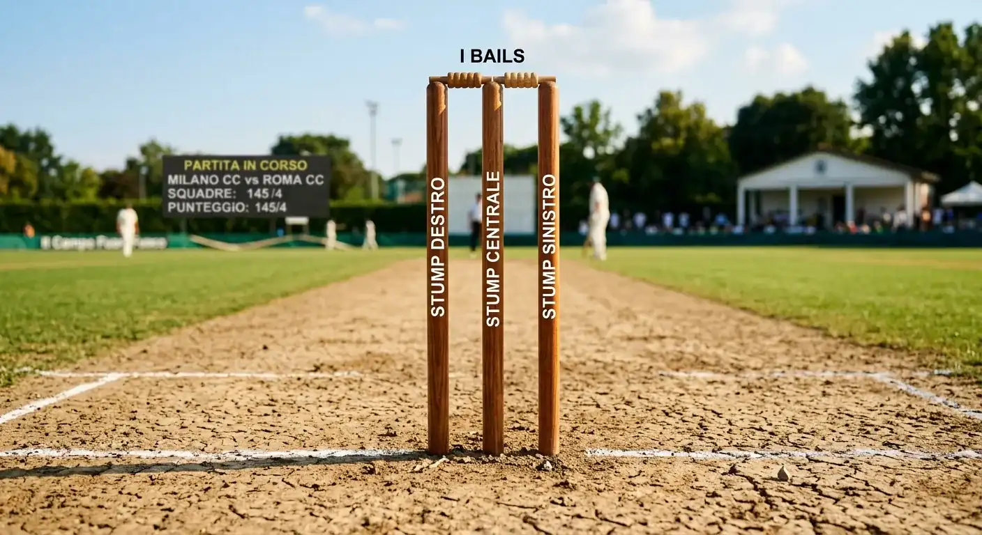 Primo piano dei wicket e del pitch di cricket con dettaglio delle regole
