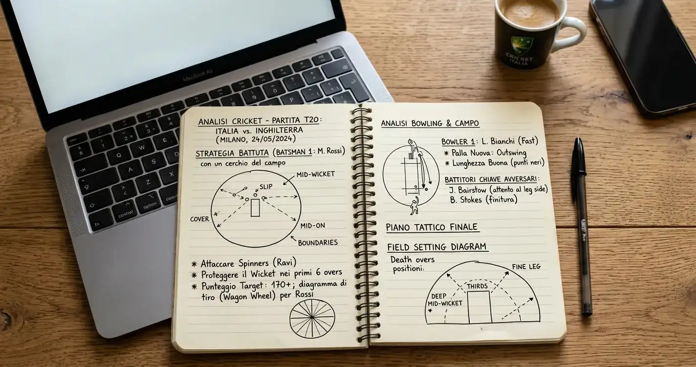 Quaderno con appunti scritti a mano per l'analisi pre-match di cricket