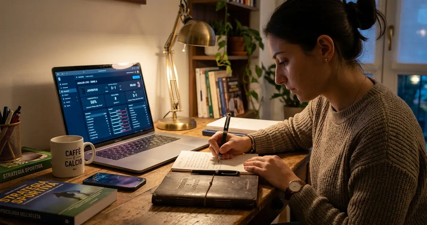 Persona prende appunti davanti a uno schermo con dati sportivi