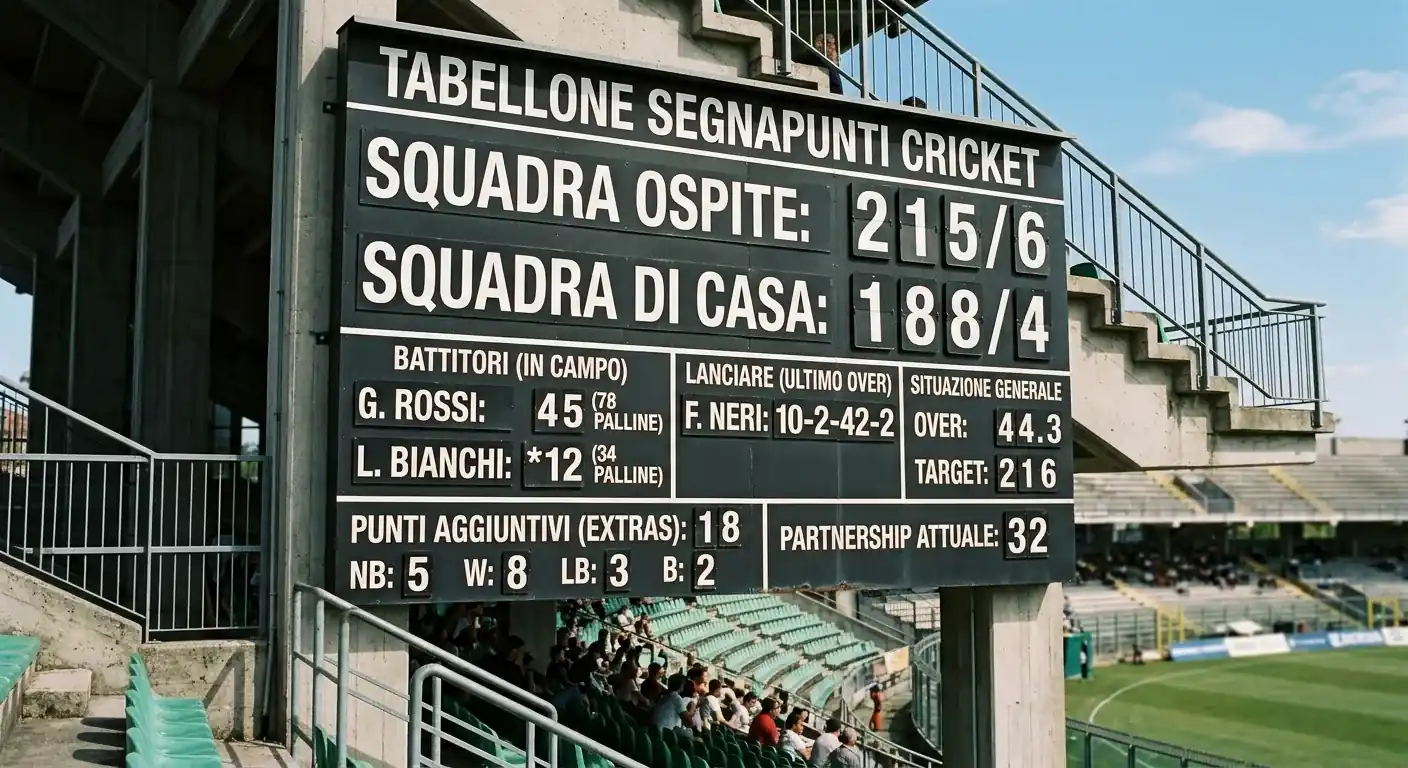 Tabellone segnapunti in uno stadio di cricket durante un match