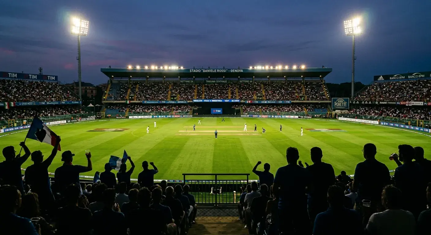 Stadio di cricket durante una sessione serale con partita in corso