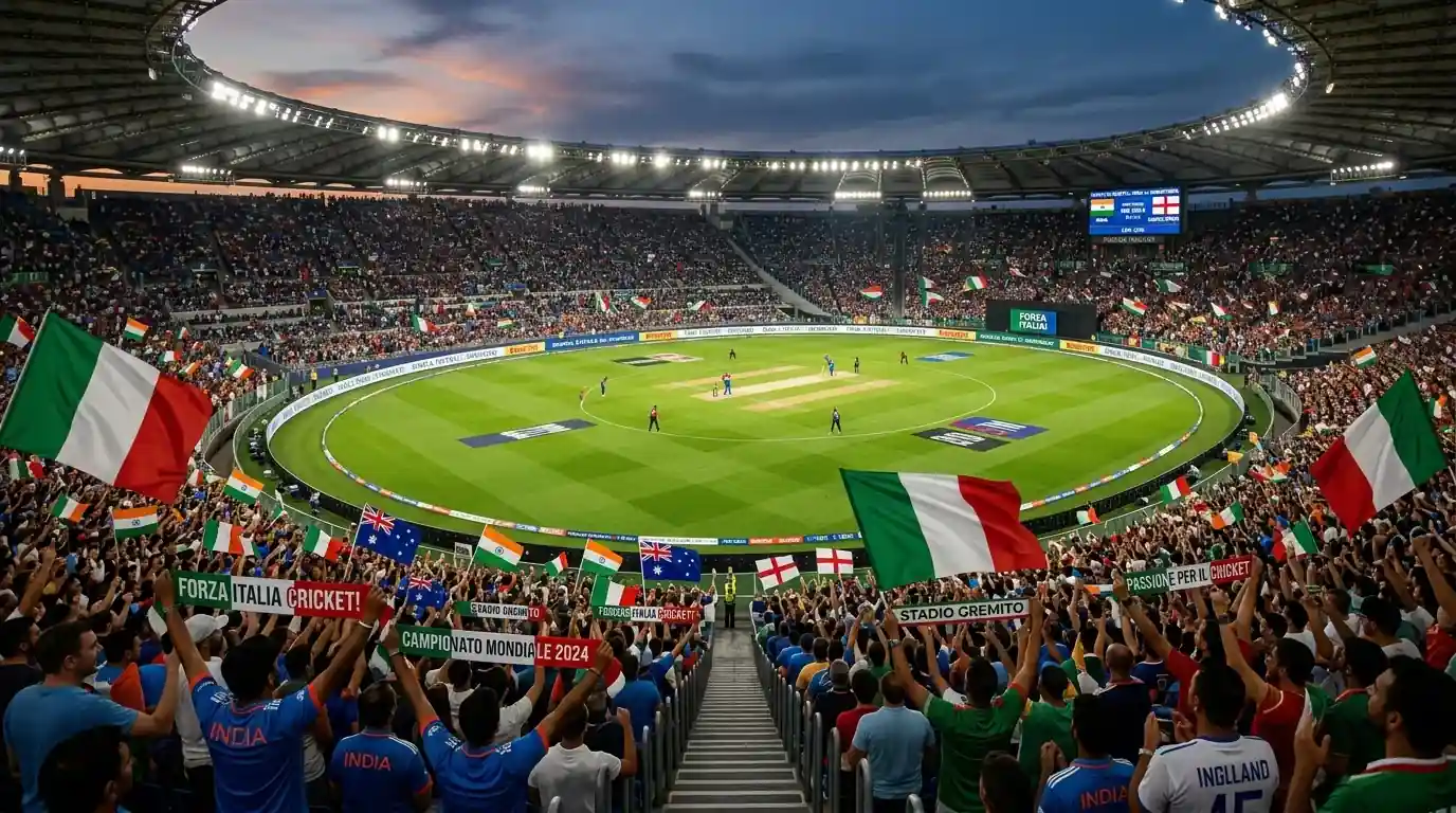 Stadio di cricket gremito durante un match internazionale con pubblico globale