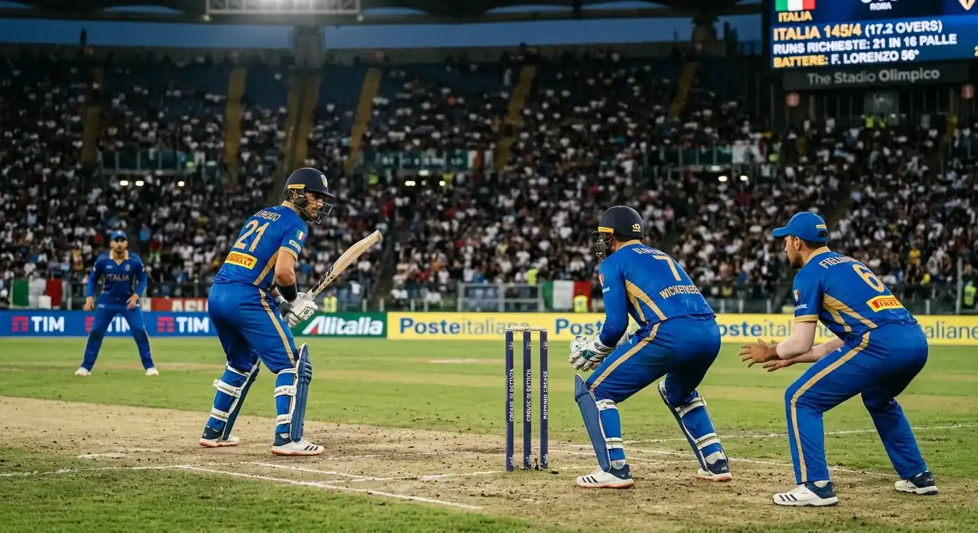 Azione di gioco durante un match T20 di cricket con battitore e lanciatore