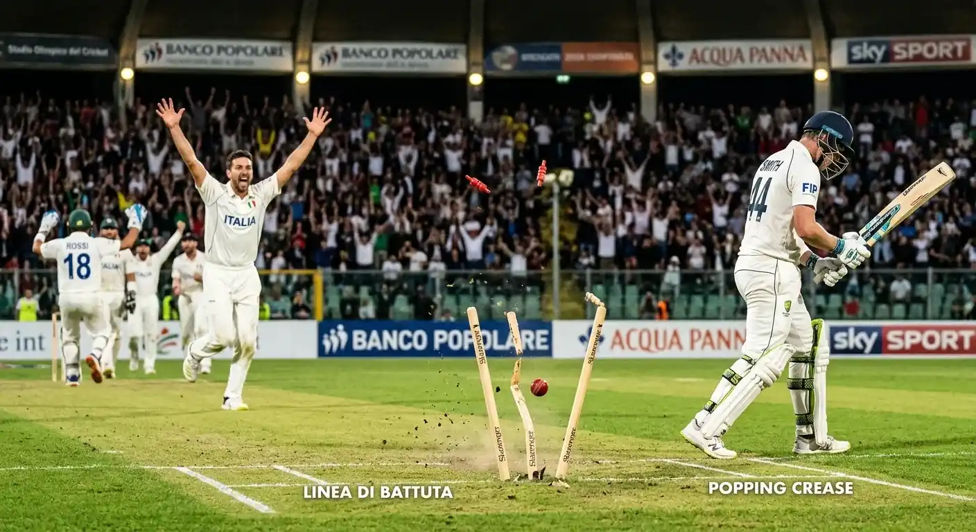 Momento chiave durante un match di cricket con caduta di wicket