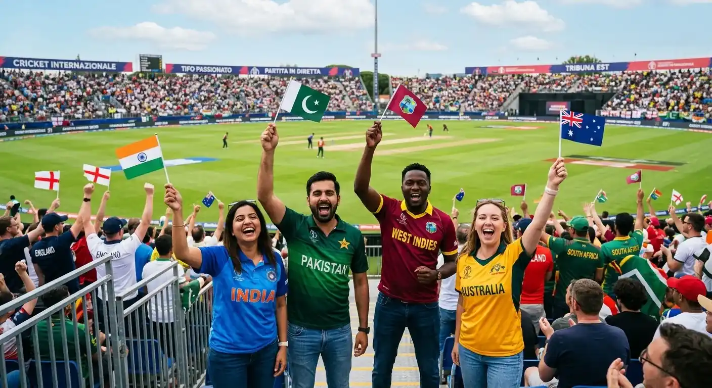 Tifosi di cricket che esultano durante una finale della World Cup con bandiere nazionali
