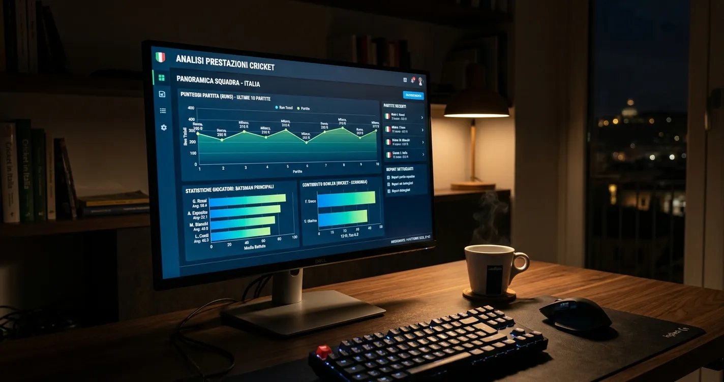 Schermo di computer con grafici e statistiche di performance nel cricket