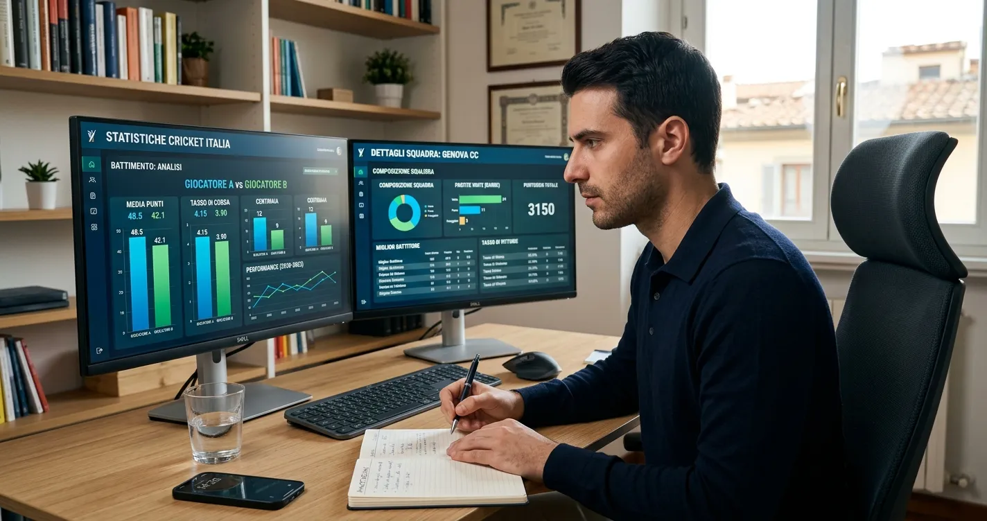 Persona analizza dati di cricket su un doppio monitor con grafici comparativi