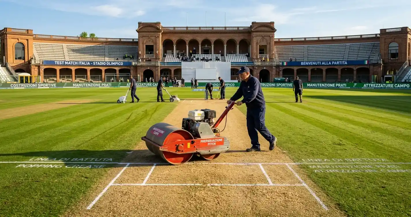 Campo da cricket preparato per un Test match con erba corta e striscia del pitch