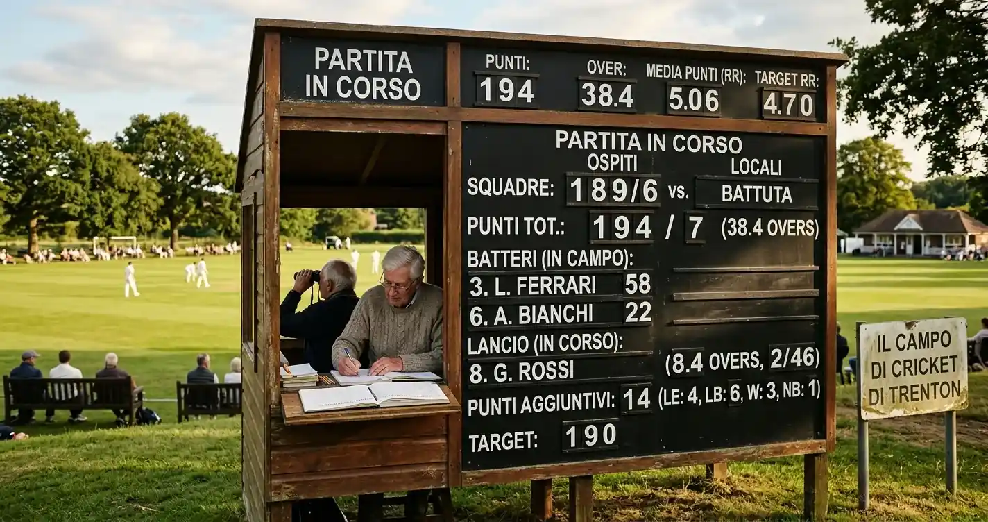 Tabellone di cricket con punteggi dettagliati durante un match competitivo