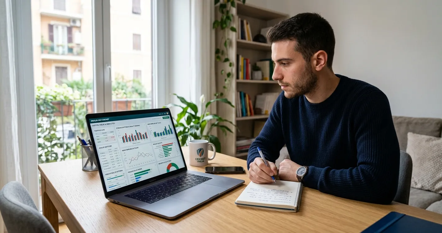 Analista studia dati di cricket su laptop con appunti e grafici