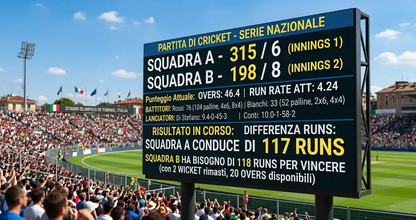 Scoreboard di cricket che mostra il punteggio con differenza di runs tra due squadre
