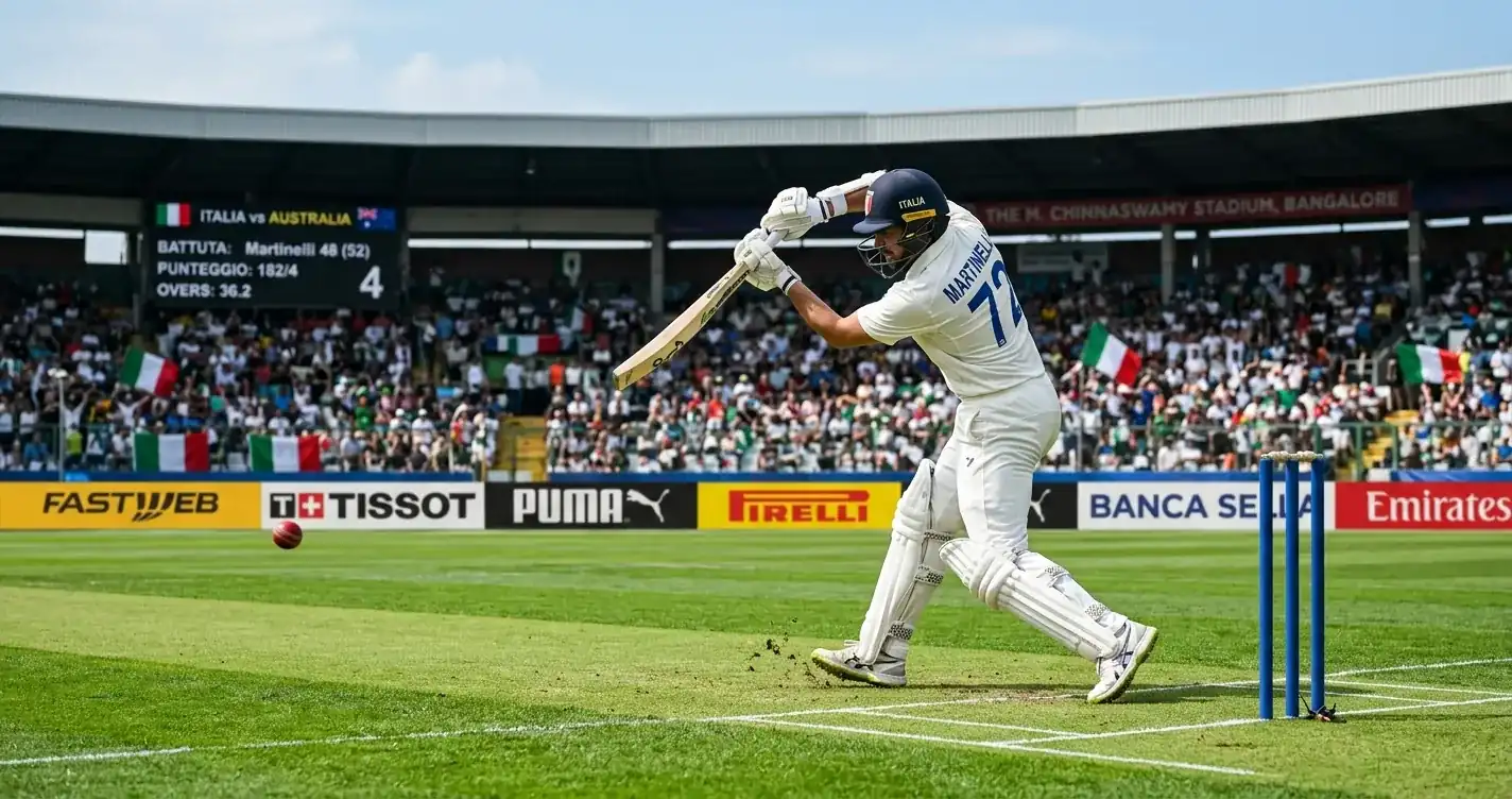 Battitore di cricket esegue un colpo potente con la palla che vola verso il confine