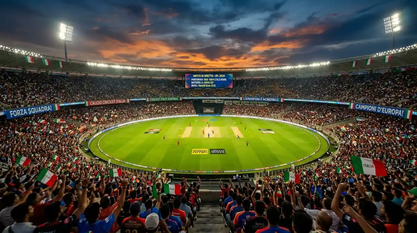 Stadio IPL illuminato durante una partita serale di cricket
