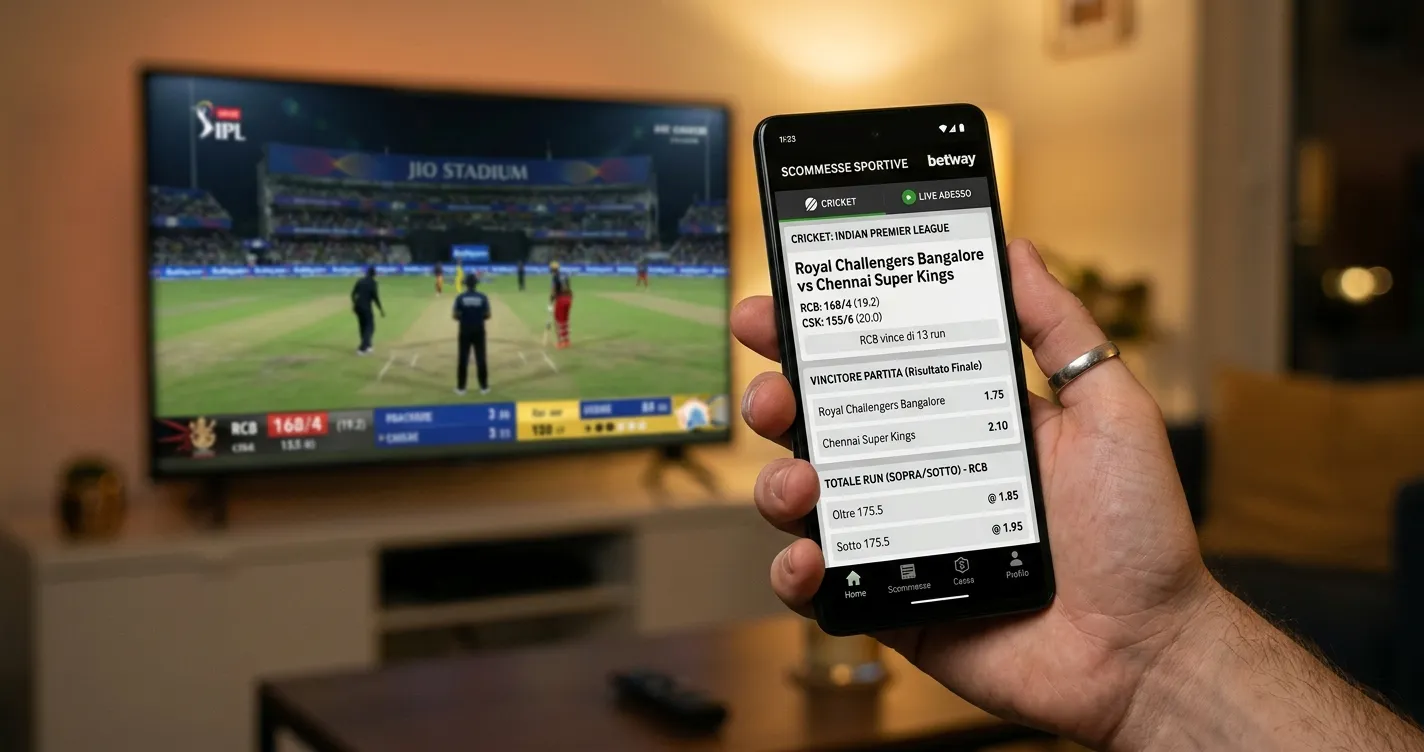 Schermo di uno smartphone che mostra mercati di scommesse durante una partita di cricket