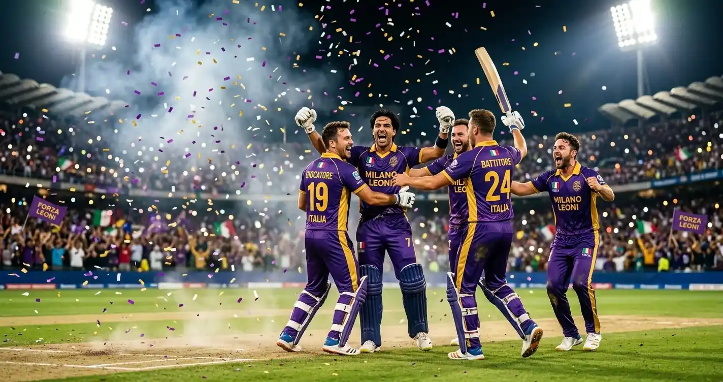Giocatori di cricket IPL celebrano una vittoria sotto i riflettori dello stadio