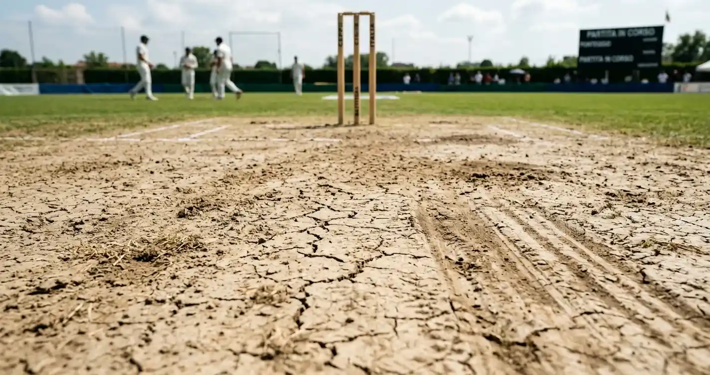 Vista ravvicinata del pitch di cricket con crepe e segni d'usura