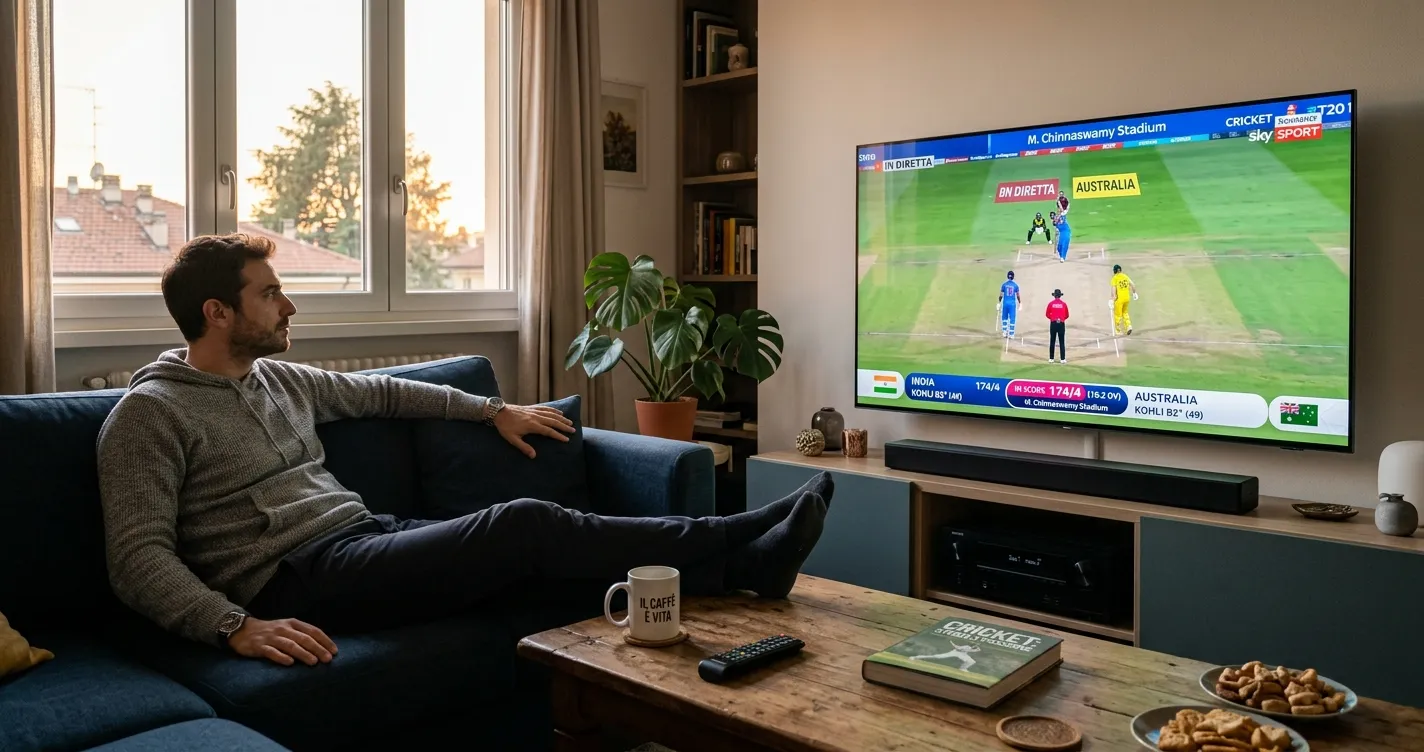 Tifoso guarda una partita di cricket IPL in televisione nel tardo pomeriggio