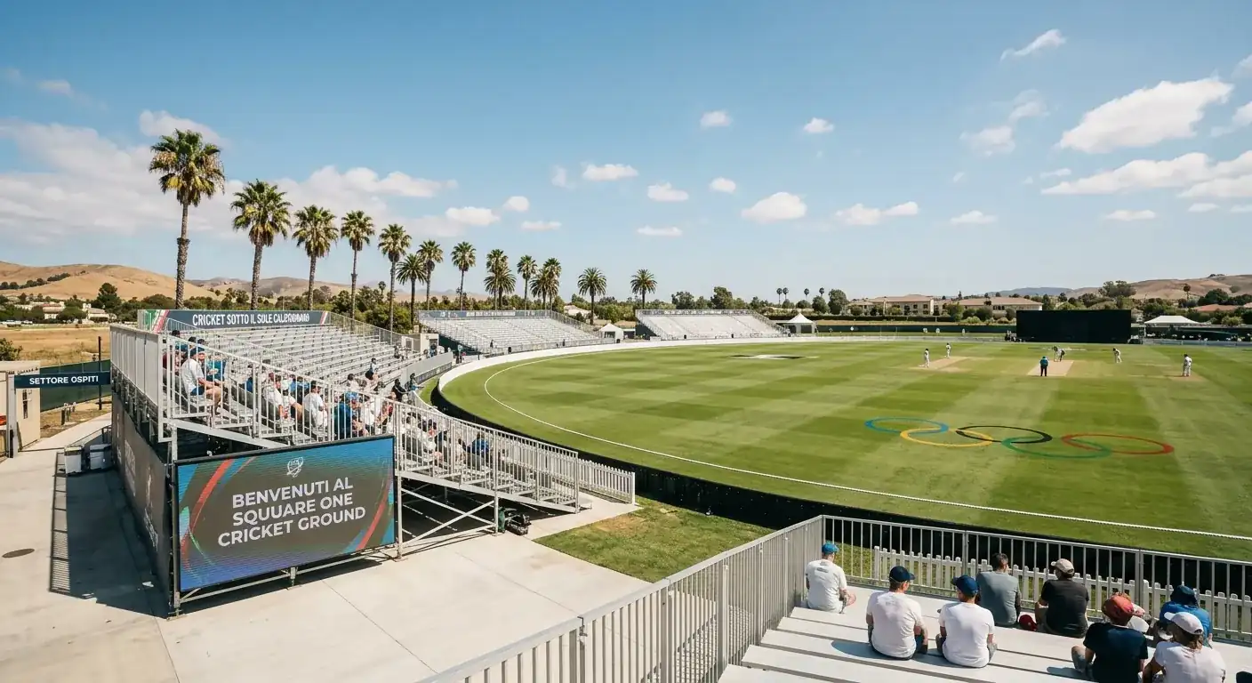 Rendering del campo da cricket per le Olimpiadi di Los Angeles 2028 con anelli olimpici