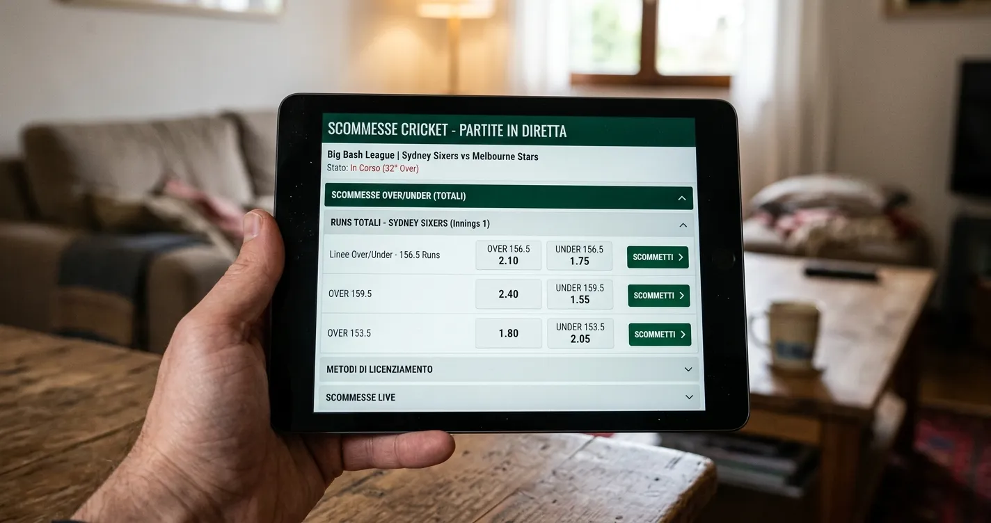 Schermo con linee di scommessa over/under per una partita di cricket