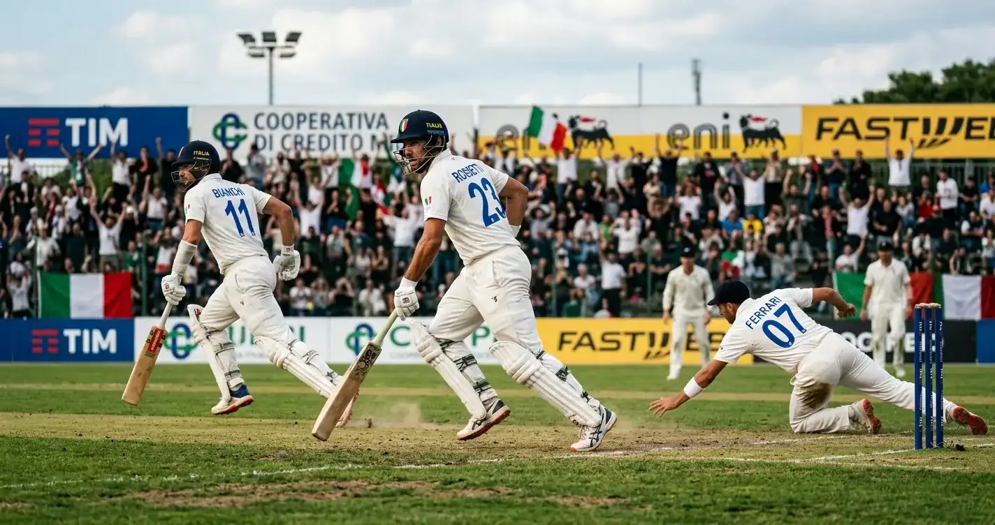 Battitori di cricket corrono tra i wicket per segnare runs durante un match