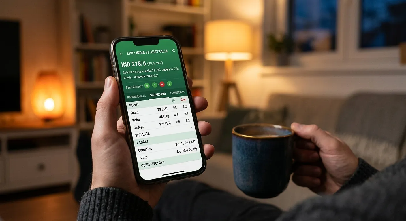 Smartphone con streaming live di cricket per scommesse in-play