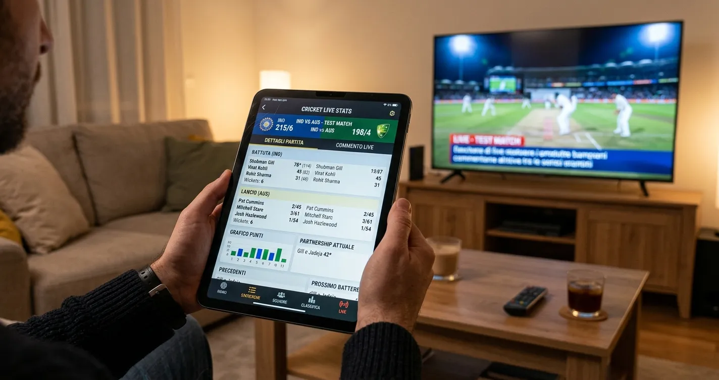 Persona consulta statistiche di cricket su tablet durante una partita T20
