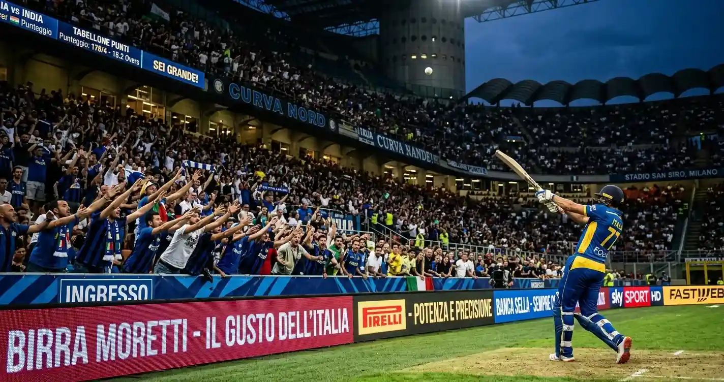 Battitore di cricket esegue un colpo potente verso gli spalti durante un T20
