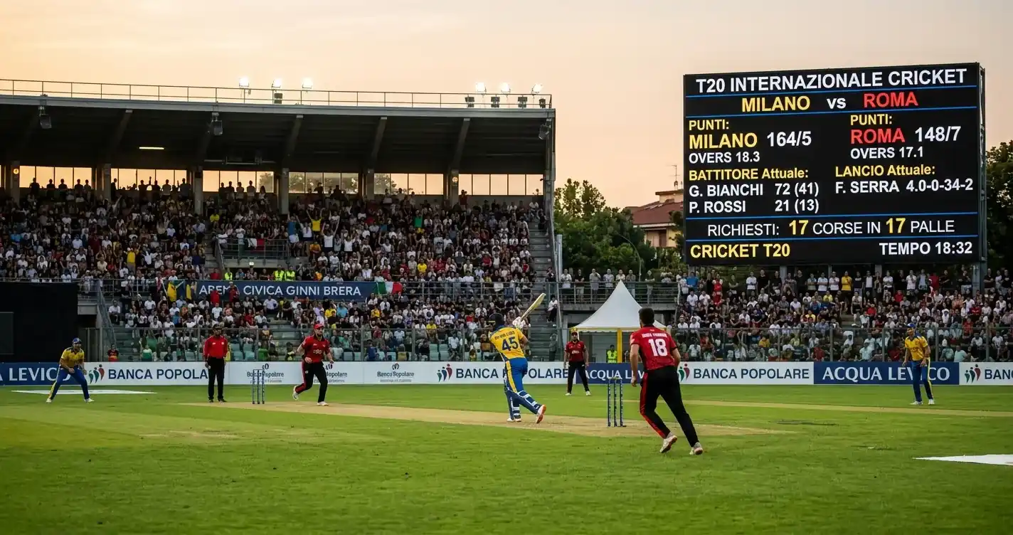 Partita di cricket T20 in corso con tabellone elettronico visibile